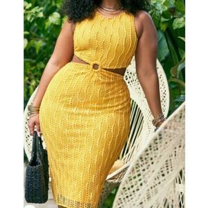 Eloquii Women's Plus Size Cutout‎ Yellow Crochet Stretch Midi Dress